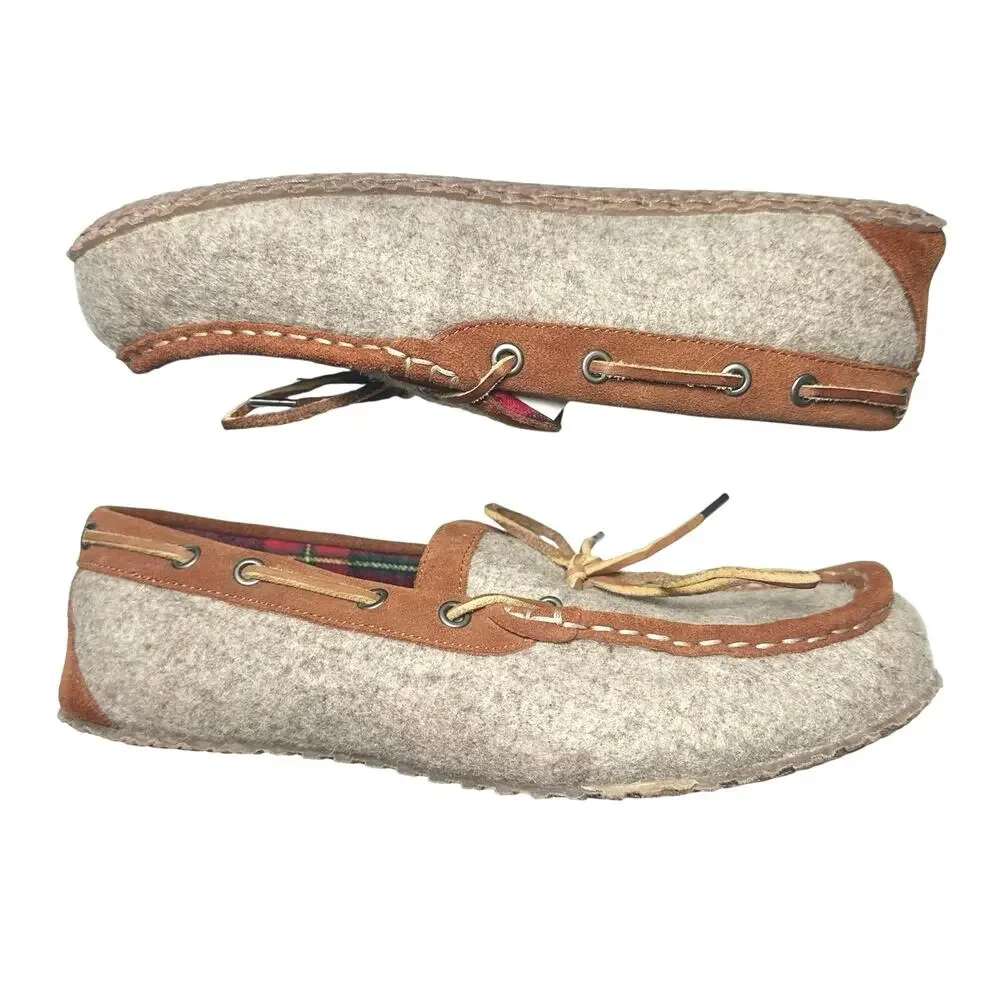 Lands’ End | Men | Wool Felt Suede Leather Brown Cozy Moccasin Slippers | 10 D